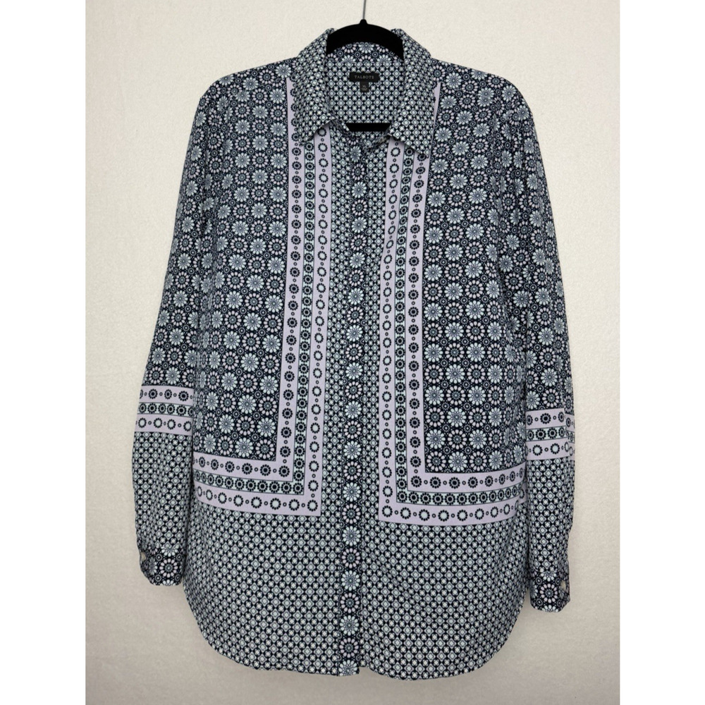 Talbots Blue Purple Geometric Floral Button Down Blouse Size XL Long Sleeve